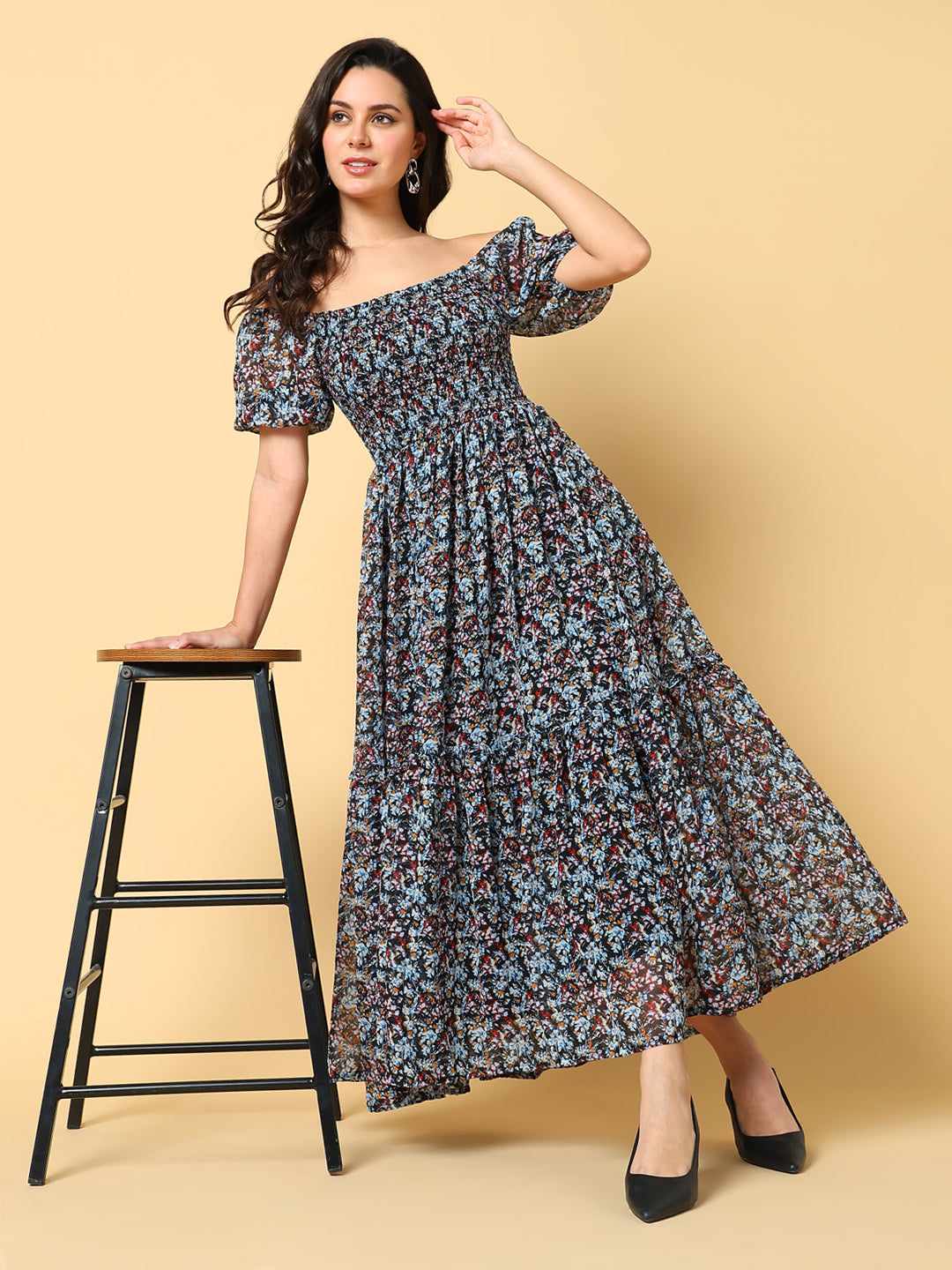 Women's Black Floral Print Off-Shoulder Puff Sleeve Georgette Fit & Flare Midi Dress