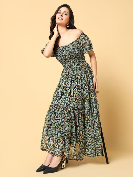 Women's Green Floral Printed Off-Shoulder Puff Sleeve Fit & Flare Maxi Dress