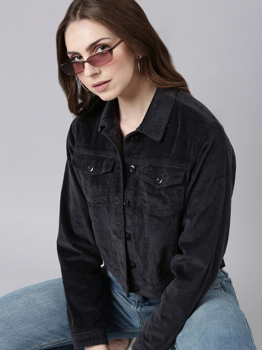 Women's Charcoal Spread Collar Corduroy Tailored Jacket