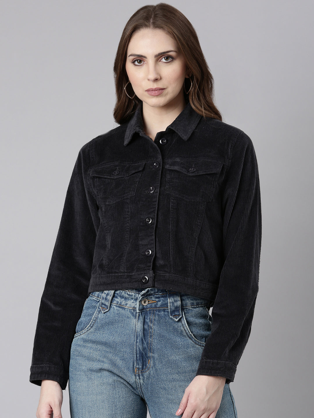 Women's Charcoal Spread Collar Corduroy Tailored Jacket
