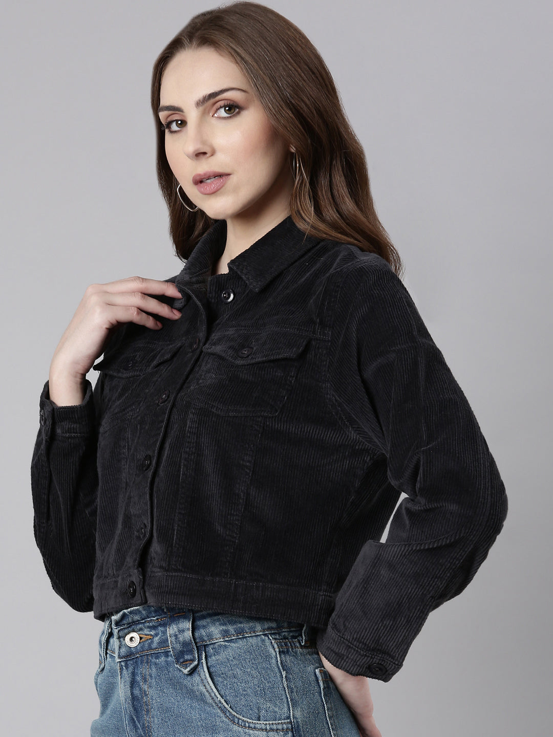 Women's Charcoal Spread Collar Corduroy Tailored Jacket