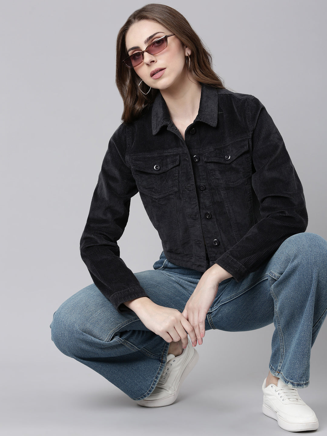 Women's Charcoal Spread Collar Corduroy Tailored Jacket