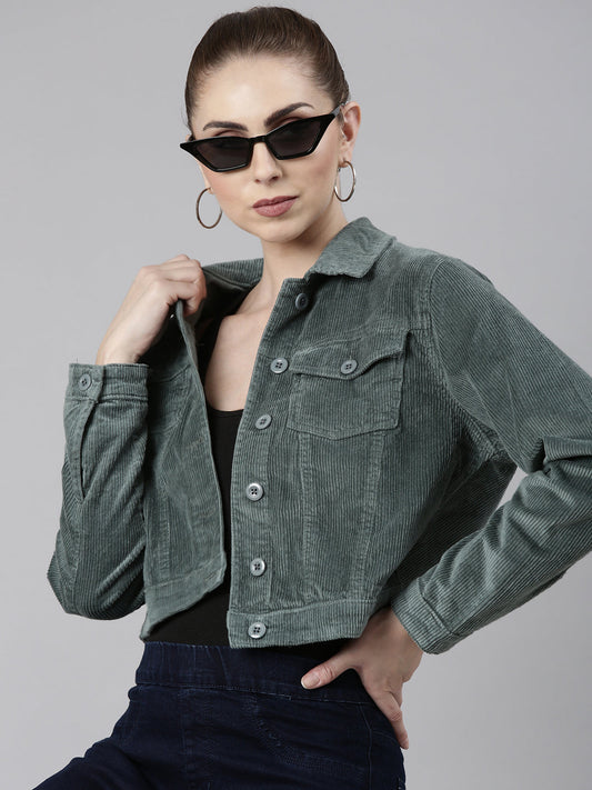 Women's Sea Green Spread Collar Corduroy Tailored Jacket
