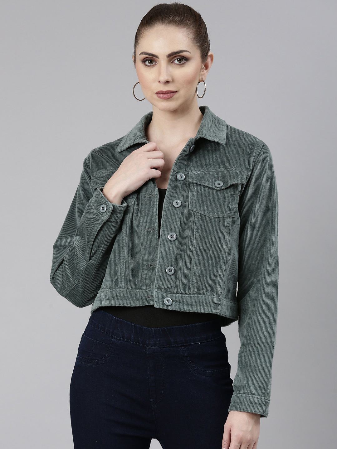 Women's Sea Green Spread Collar Corduroy Tailored Jacket