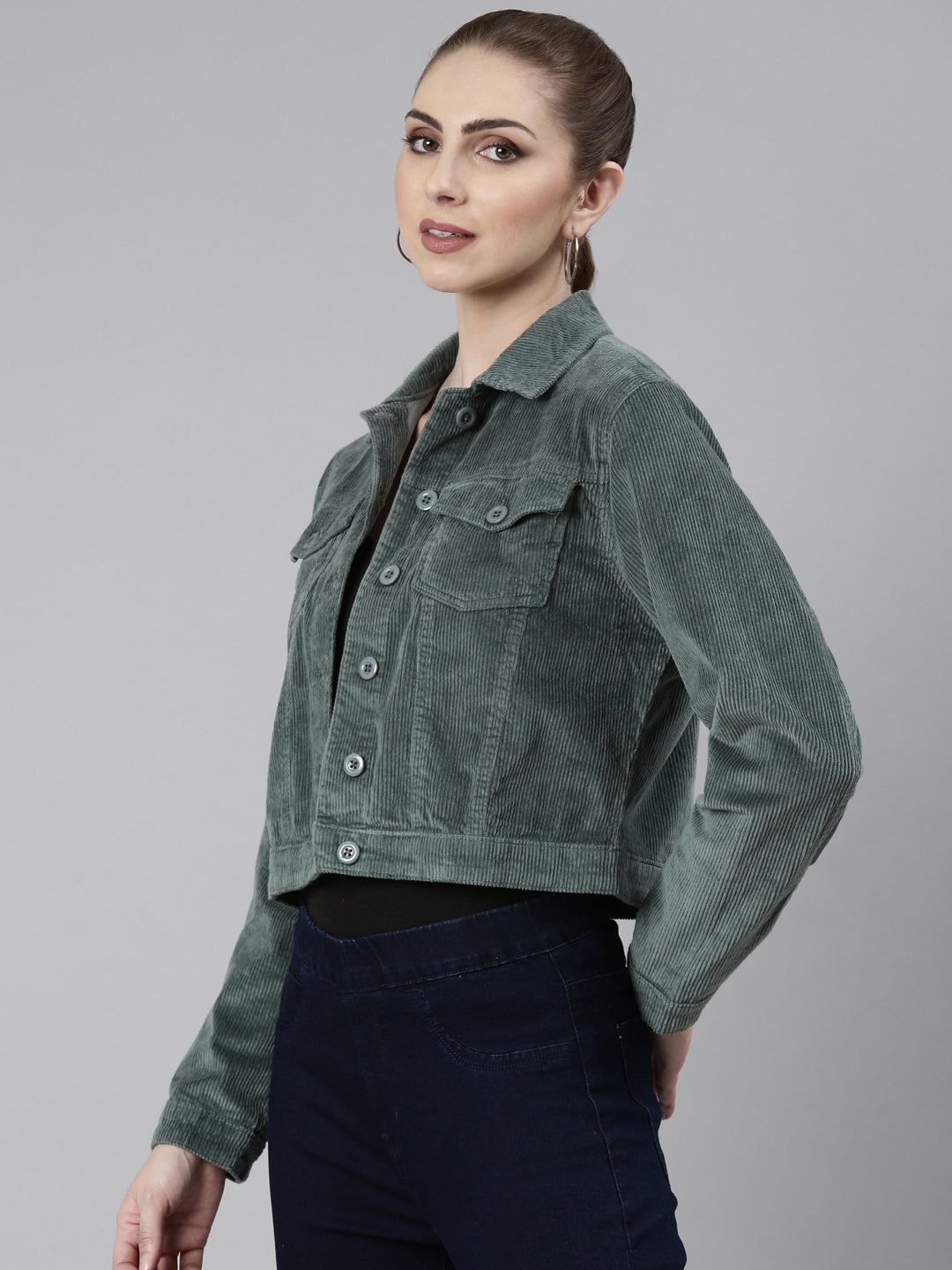 Women's Sea Green Spread Collar Corduroy Tailored Jacket