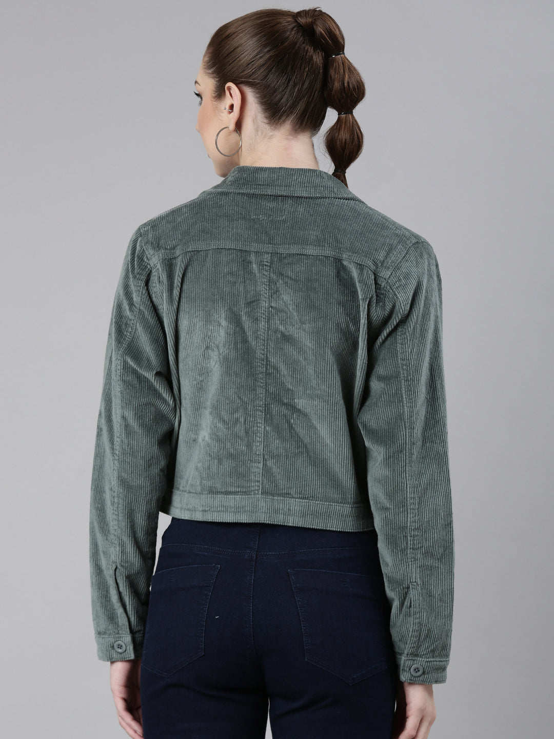Women's Sea Green Spread Collar Corduroy Tailored Jacket