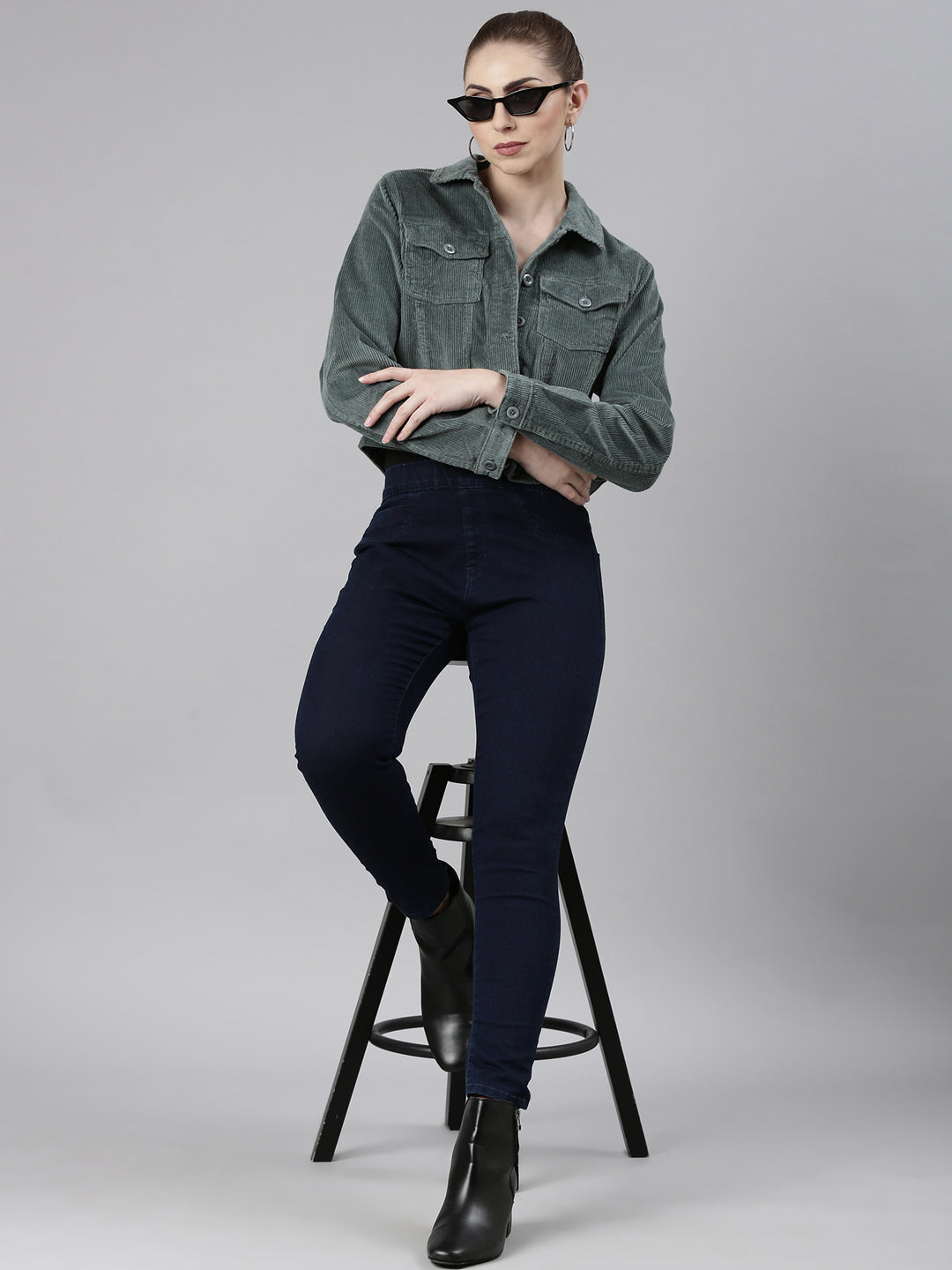 Women's Sea Green Spread Collar Corduroy Tailored Jacket
