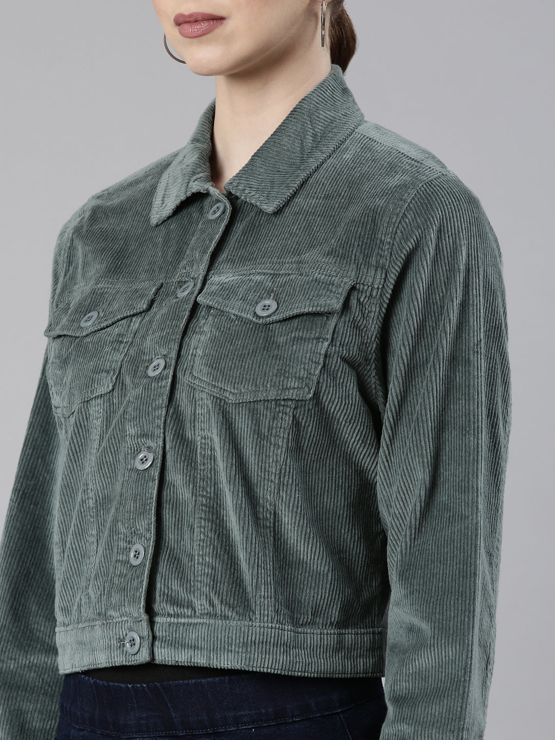 Women's Sea Green Spread Collar Corduroy Tailored Jacket