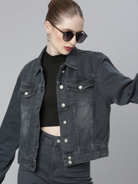 Women's Grey Spread Collar Crop Denim Jacket