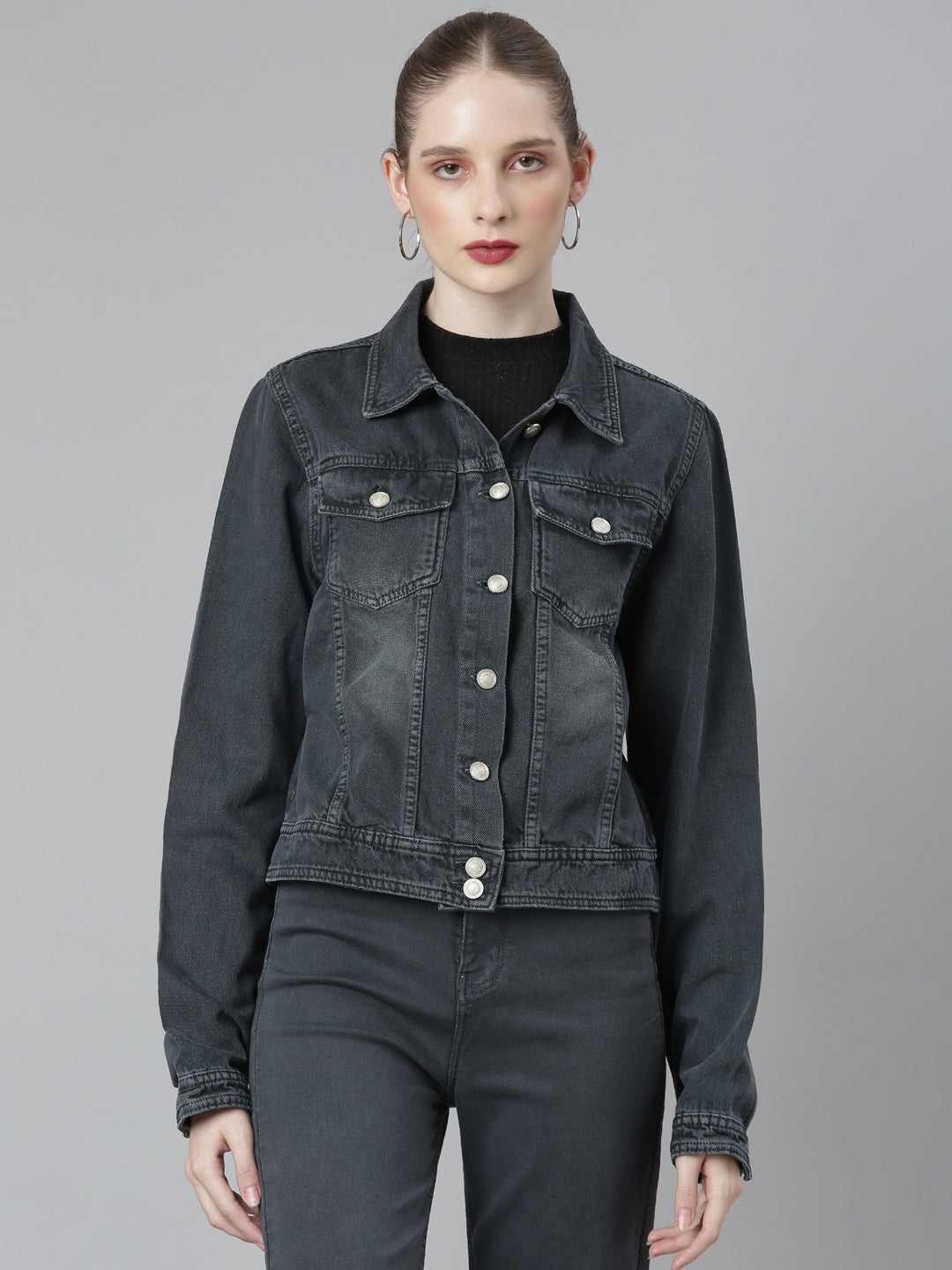 Women's Grey Spread Collar Crop Denim Jacket