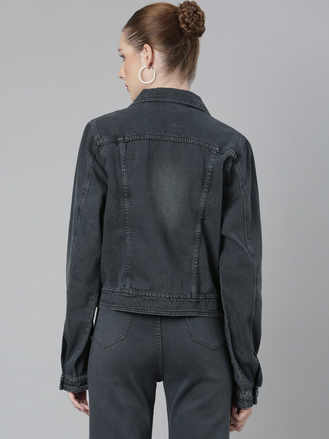 Women's Grey Spread Collar Crop Denim Jacket