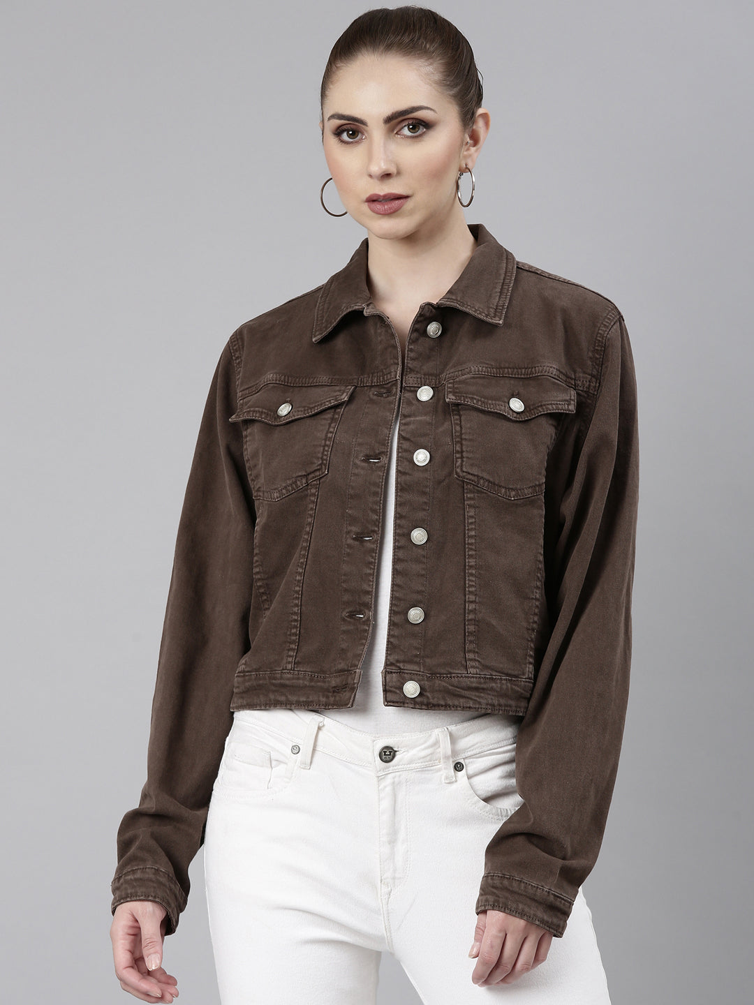 Women's Brown Spread Collar Crop Denim Jacket