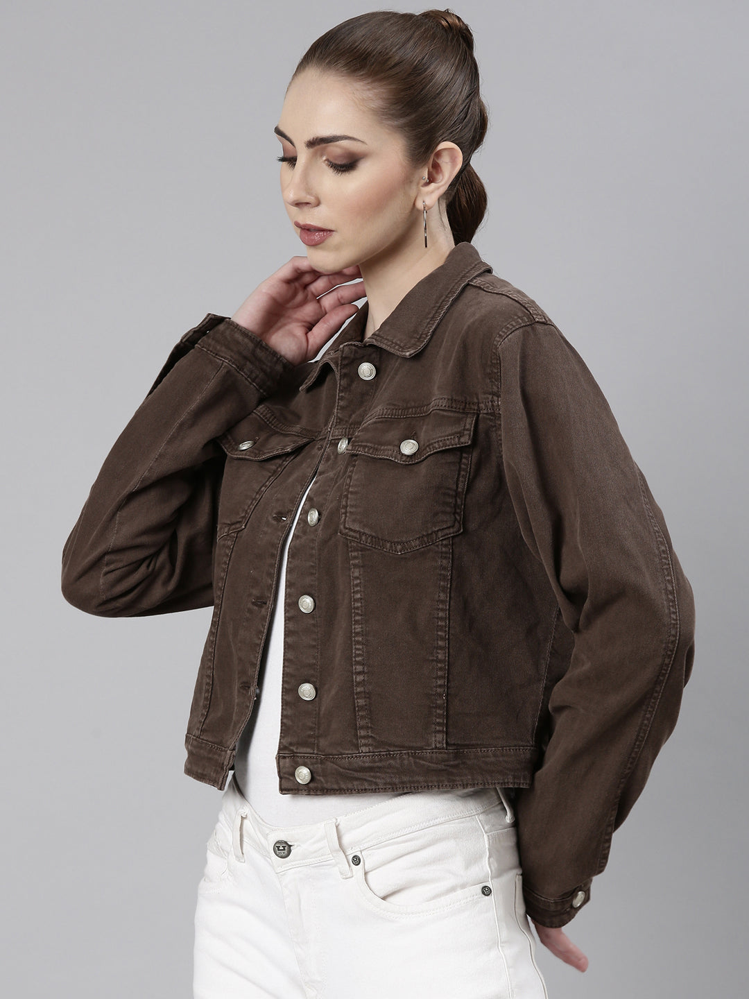 Women's Brown Spread Collar Crop Denim Jacket