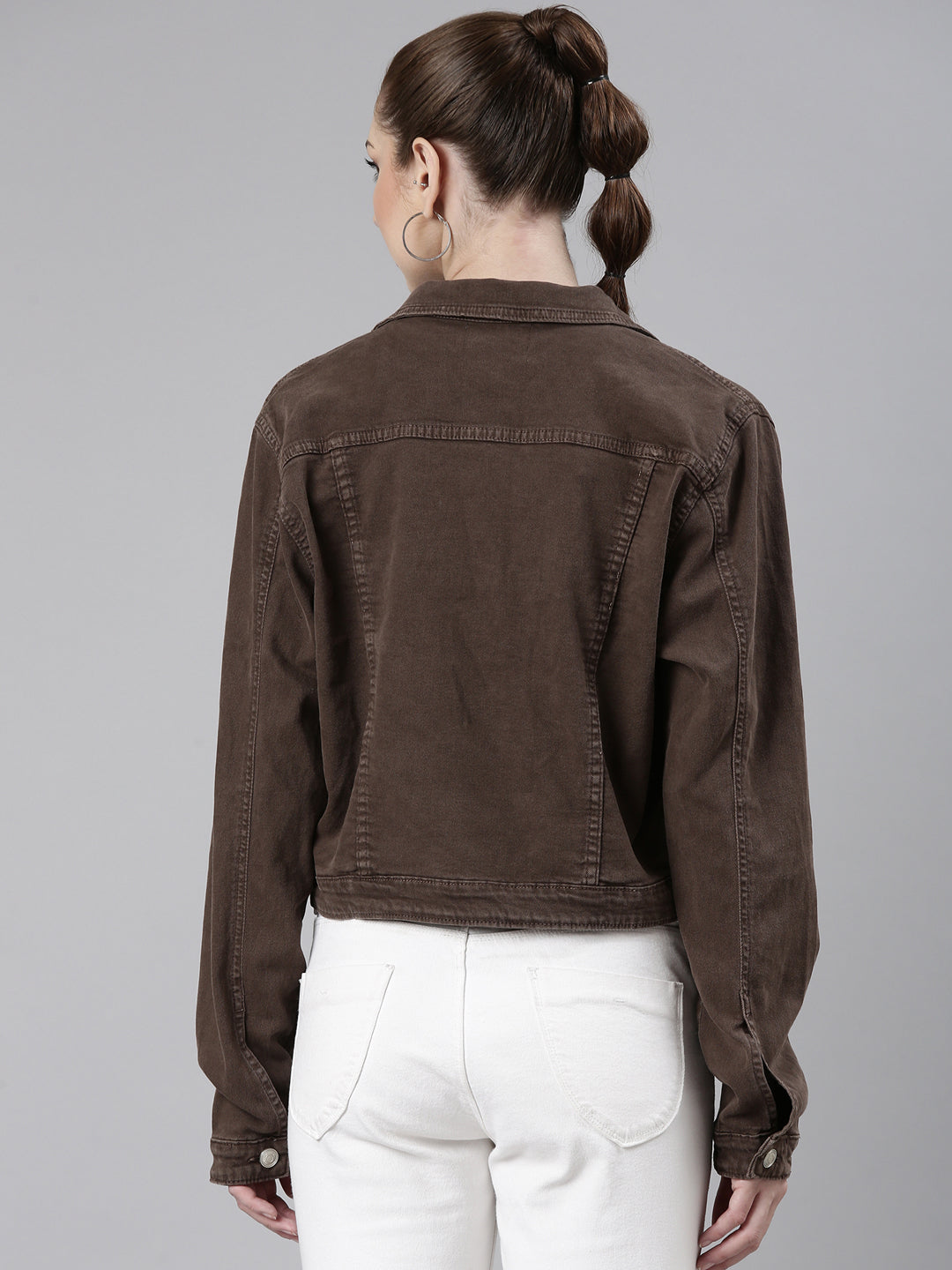 Women's Brown Spread Collar Crop Denim Jacket