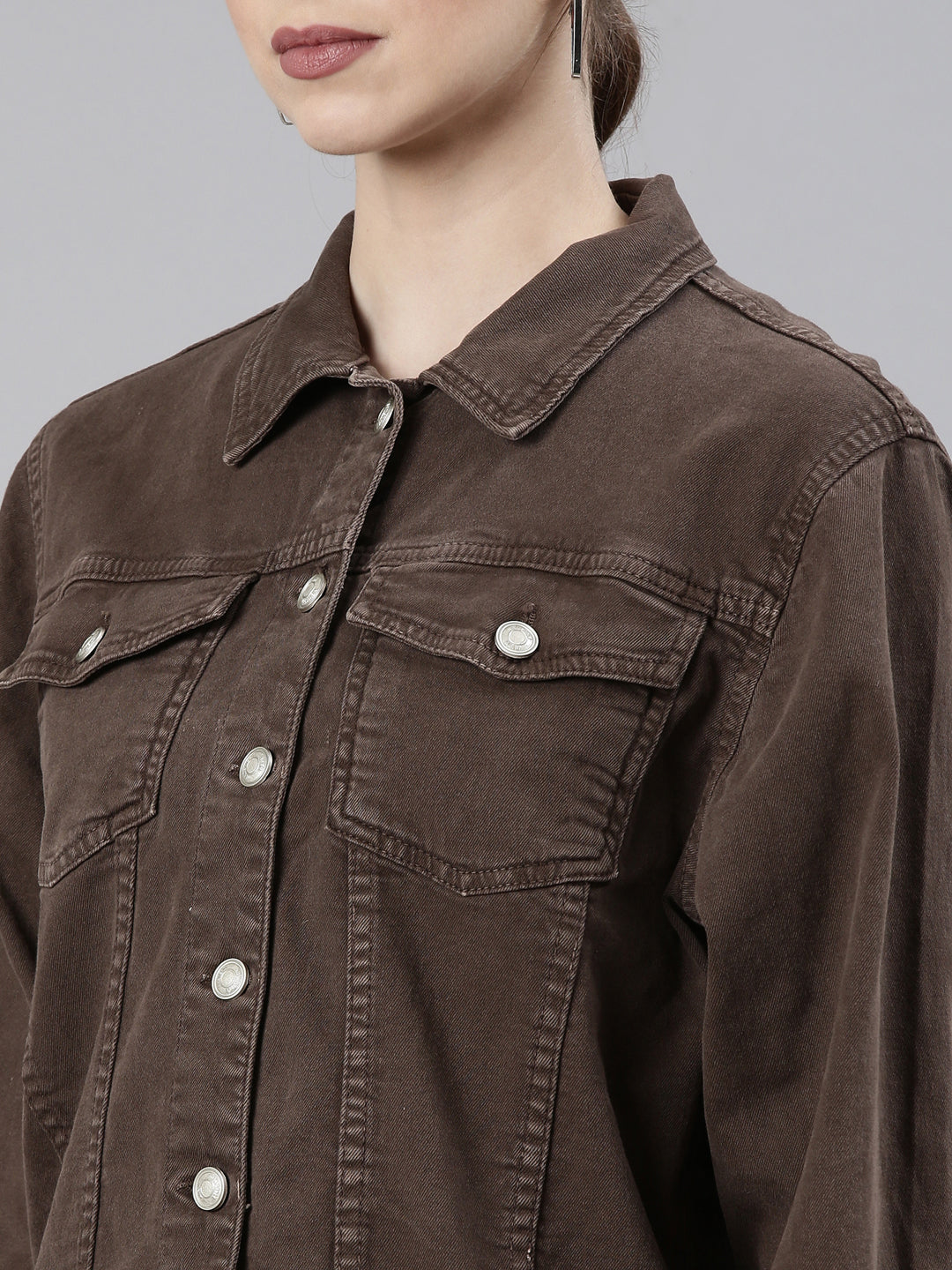 Women's Brown Spread Collar Crop Denim Jacket