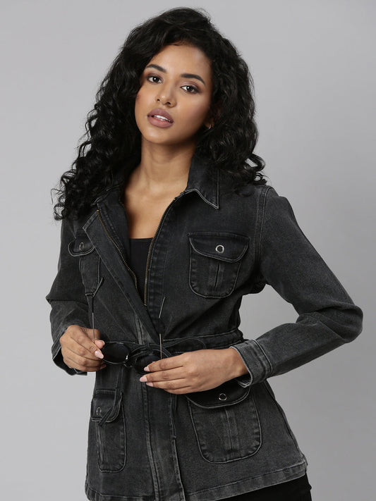 Women's Grey Spread Collar Denim Jacket