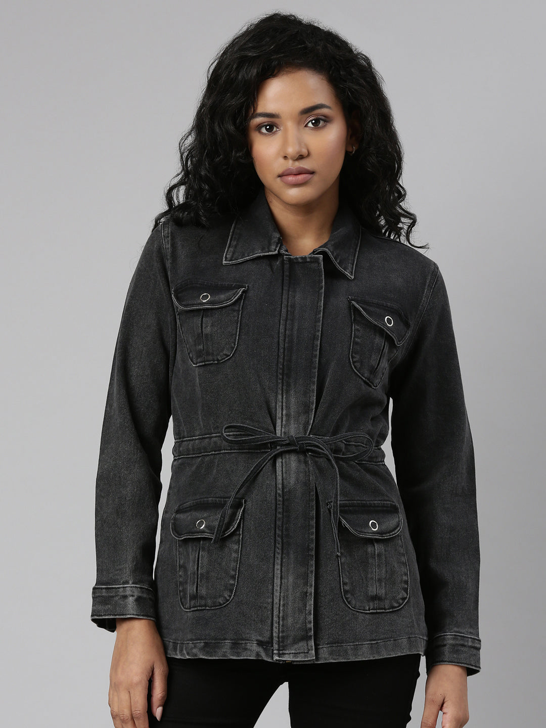 Women's Grey Spread Collar Denim Jacket