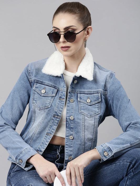 Women's Blue Spread Collar Crop Denim Jacket