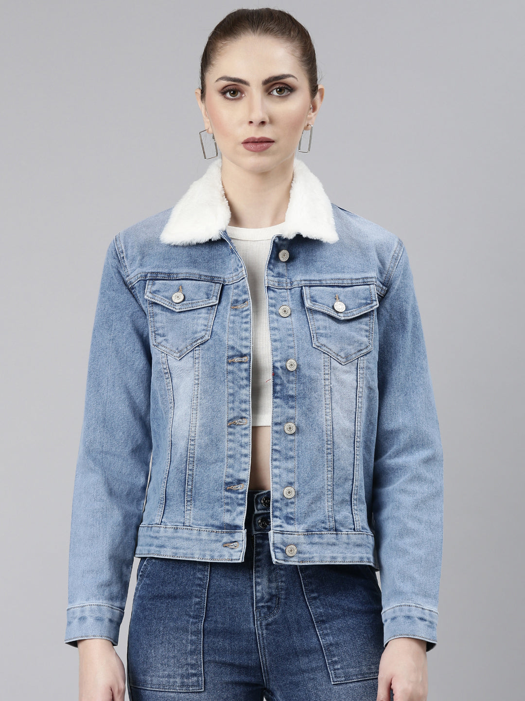 Women's Blue Spread Collar Crop Denim Jacket