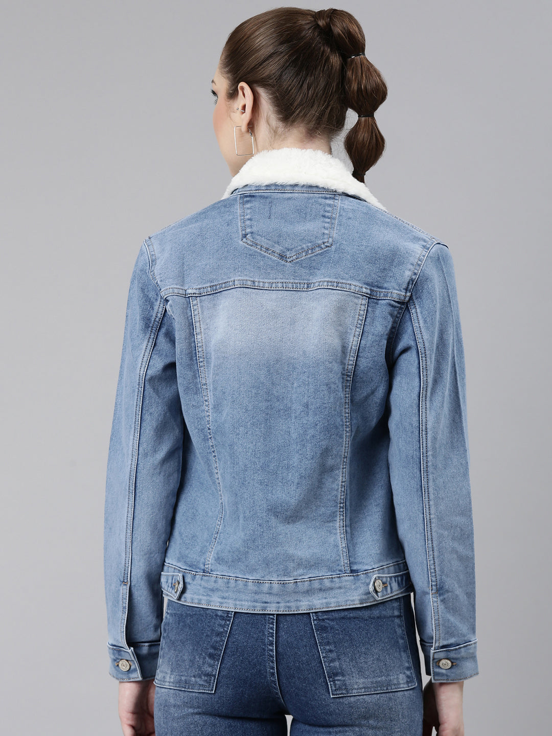 Women's Blue Spread Collar Crop Denim Jacket