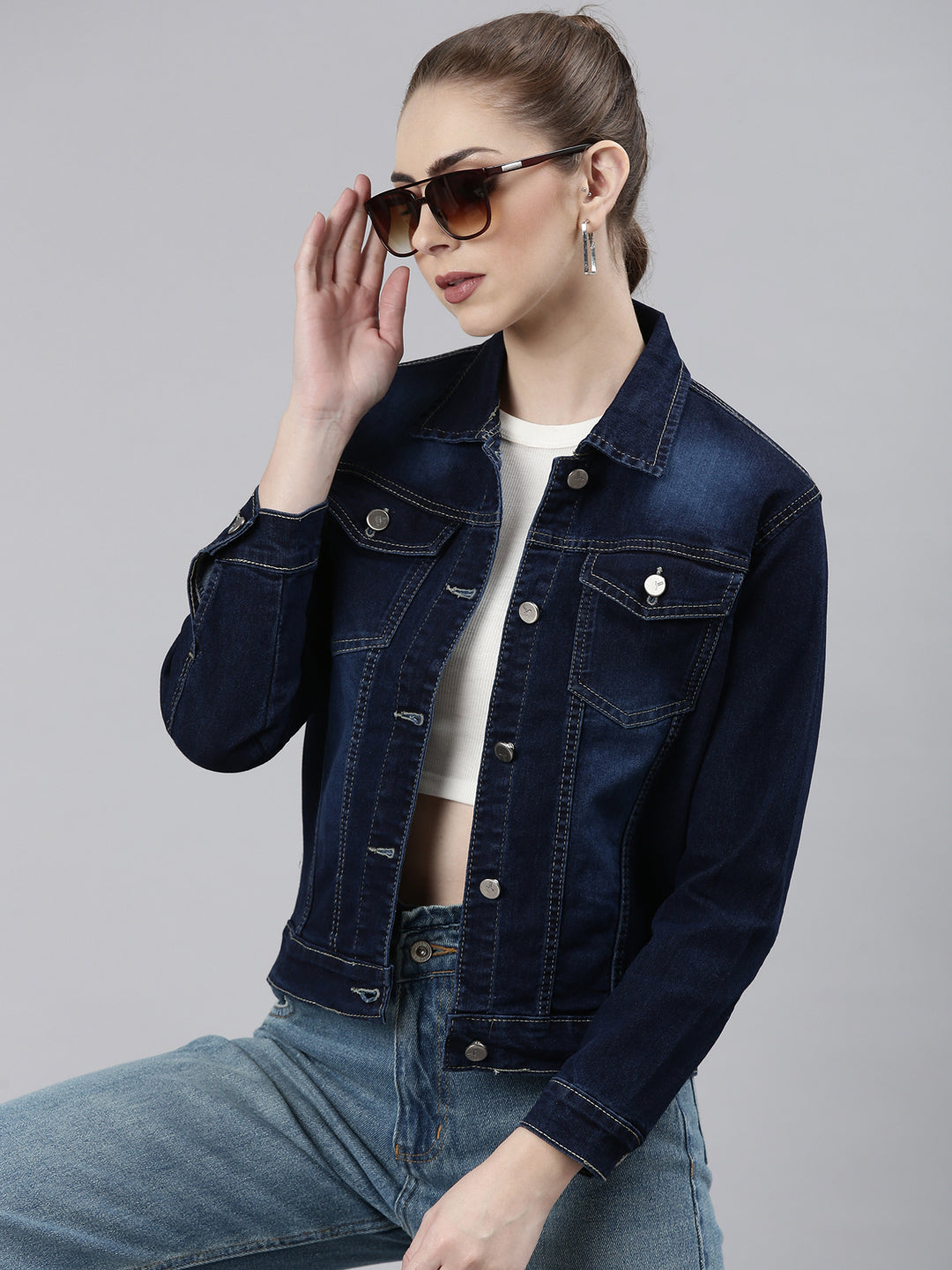 Women's Navy Blue Washed Cotton Denim Jacket
