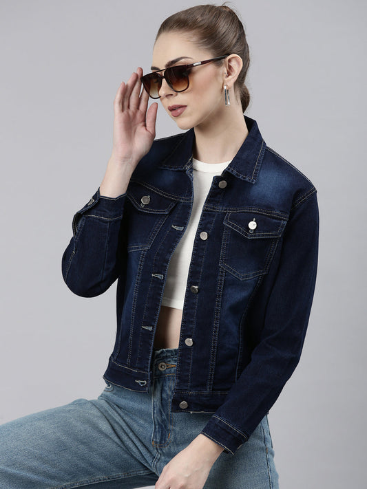 Women's Navy Blue Washed Cotton Denim Jacket