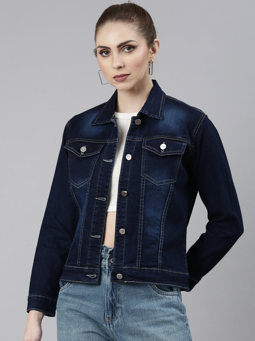 Women's Navy Blue Washed Cotton Denim Jacket