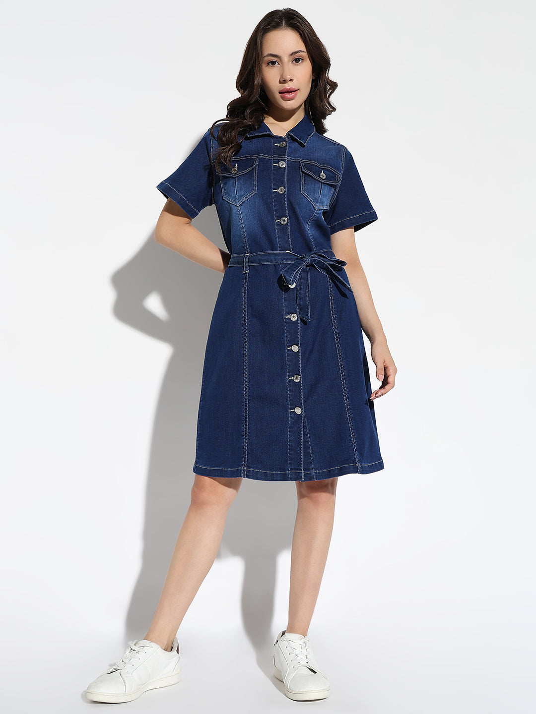 Women's Blue Solid Shirt Dress with Belt