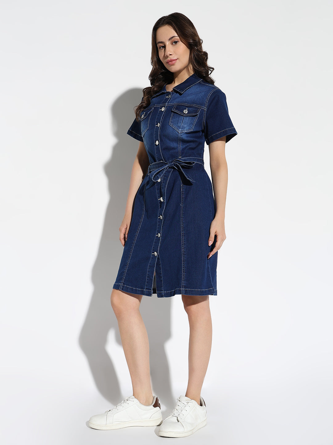 Women's Blue Solid Shirt Dress with Belt