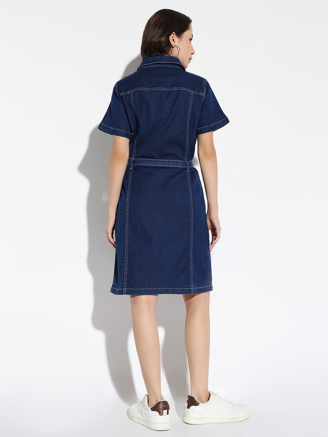Women's Blue Solid Shirt Dress with Belt