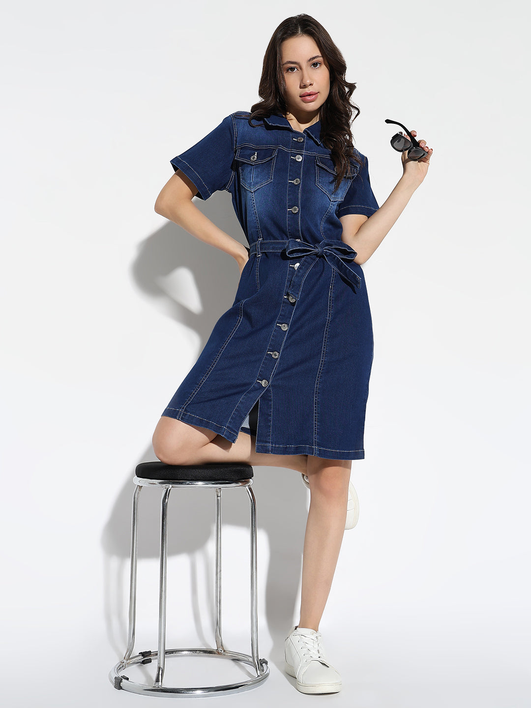 Women's Blue Solid Shirt Dress with Belt