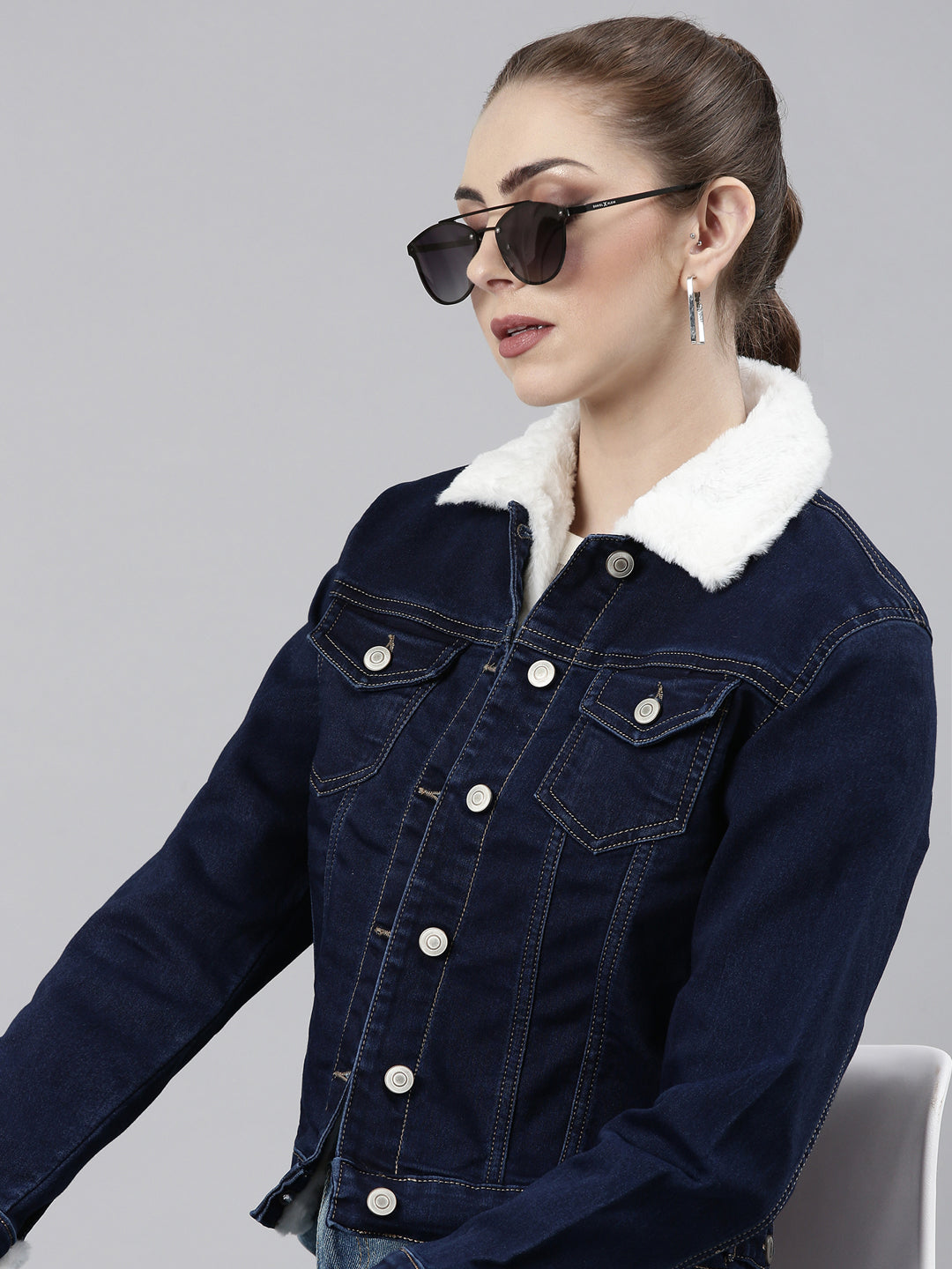 Women's Navy Blue Crop Denim Jacket With Faux Fur