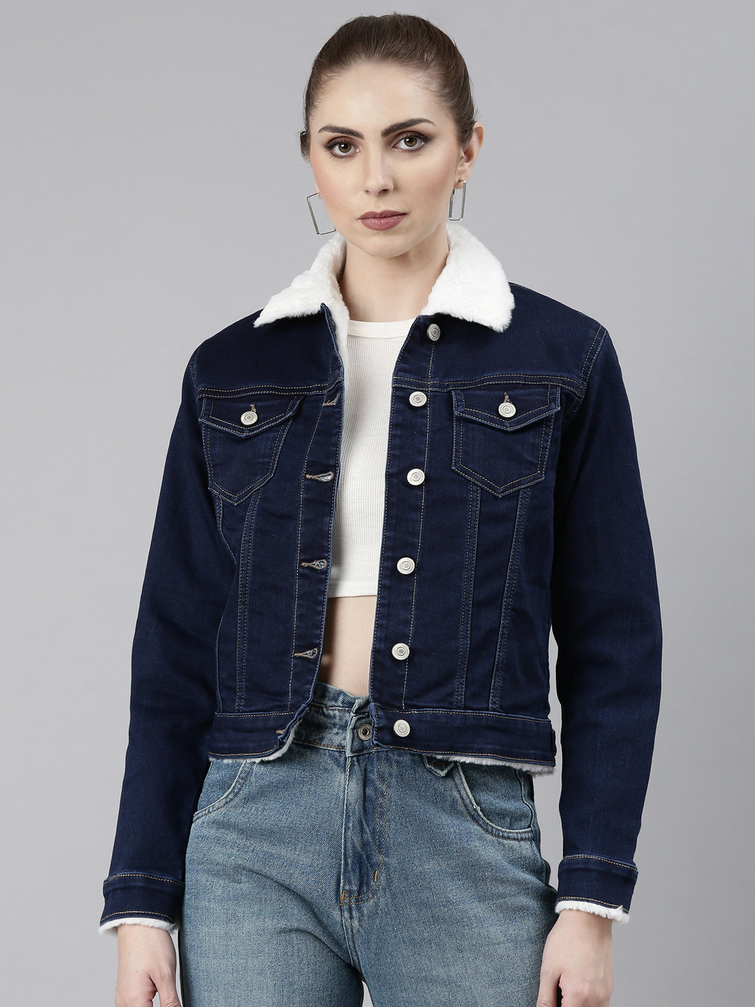 Women's Navy Blue Crop Denim Jacket With Faux Fur