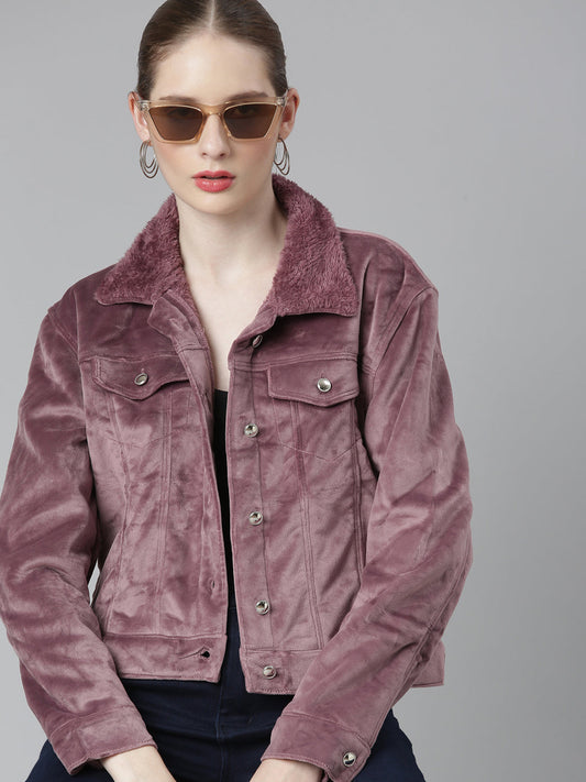 Women's Mauve Spread Collar Acrylic Crop Tailored Jacket