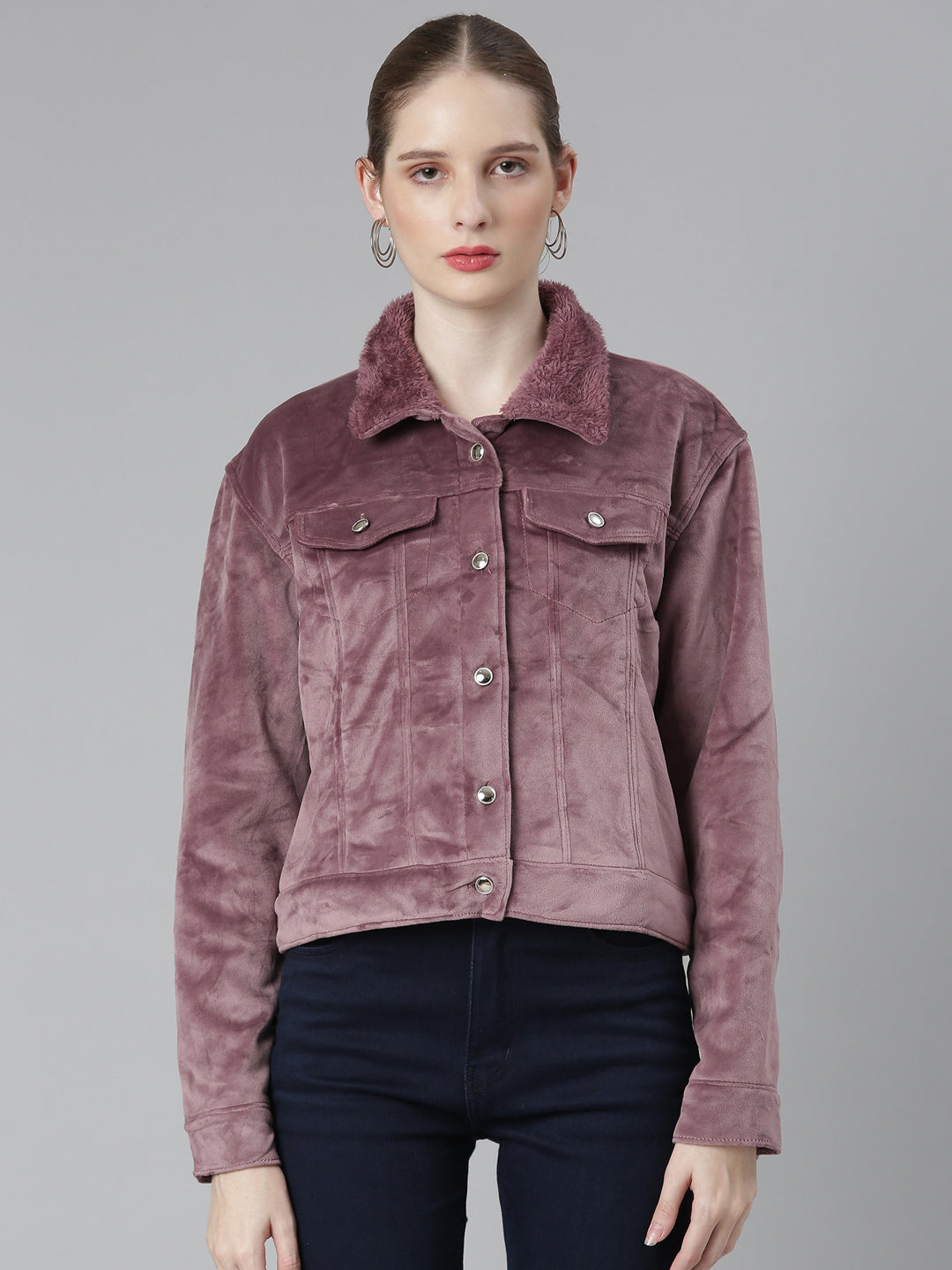 Women's Mauve Spread Collar Acrylic Crop Tailored Jacket