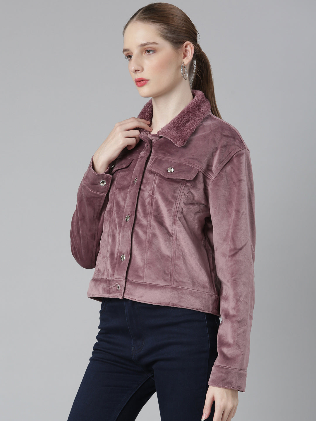 Women's Mauve Spread Collar Acrylic Crop Tailored Jacket