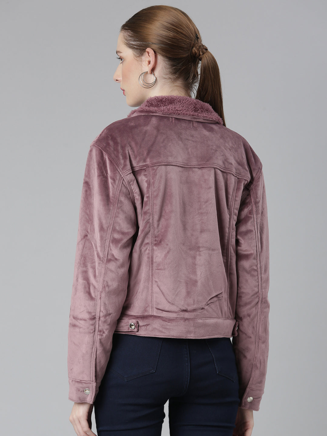 Women's Mauve Spread Collar Acrylic Crop Tailored Jacket