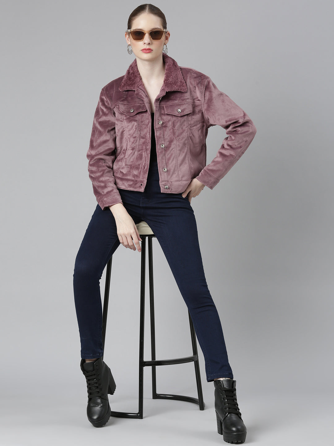Women's Mauve Spread Collar Acrylic Crop Tailored Jacket