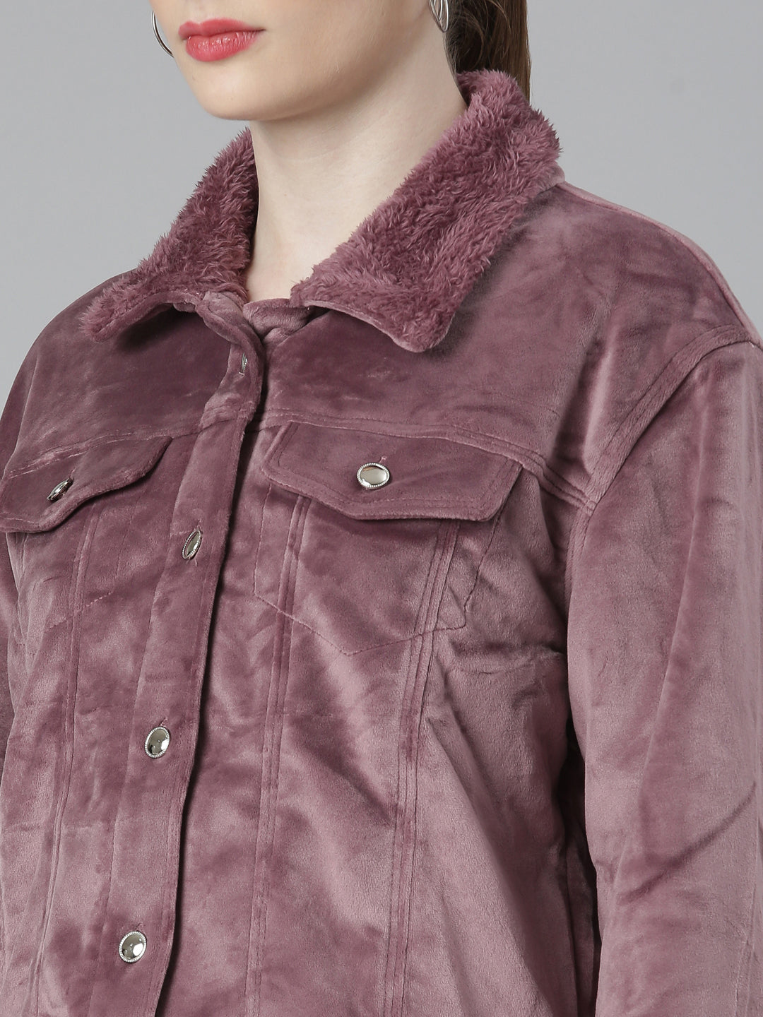 Women's Mauve Spread Collar Acrylic Crop Tailored Jacket