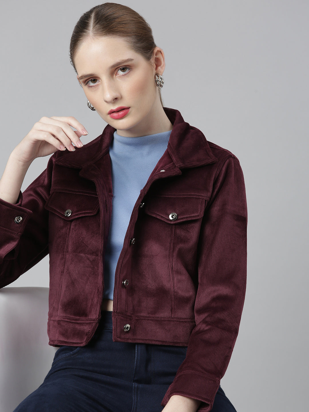 Women's Magenta Corduroy Crop Denim Jacket