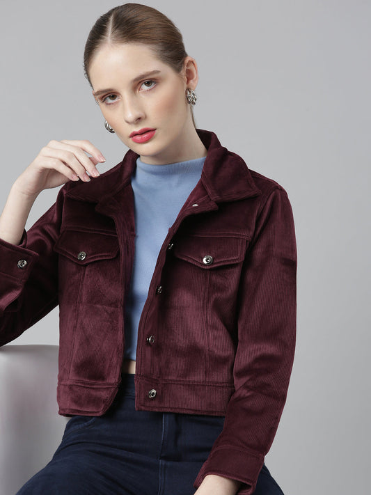Women's Magenta Corduroy Crop Denim Jacket