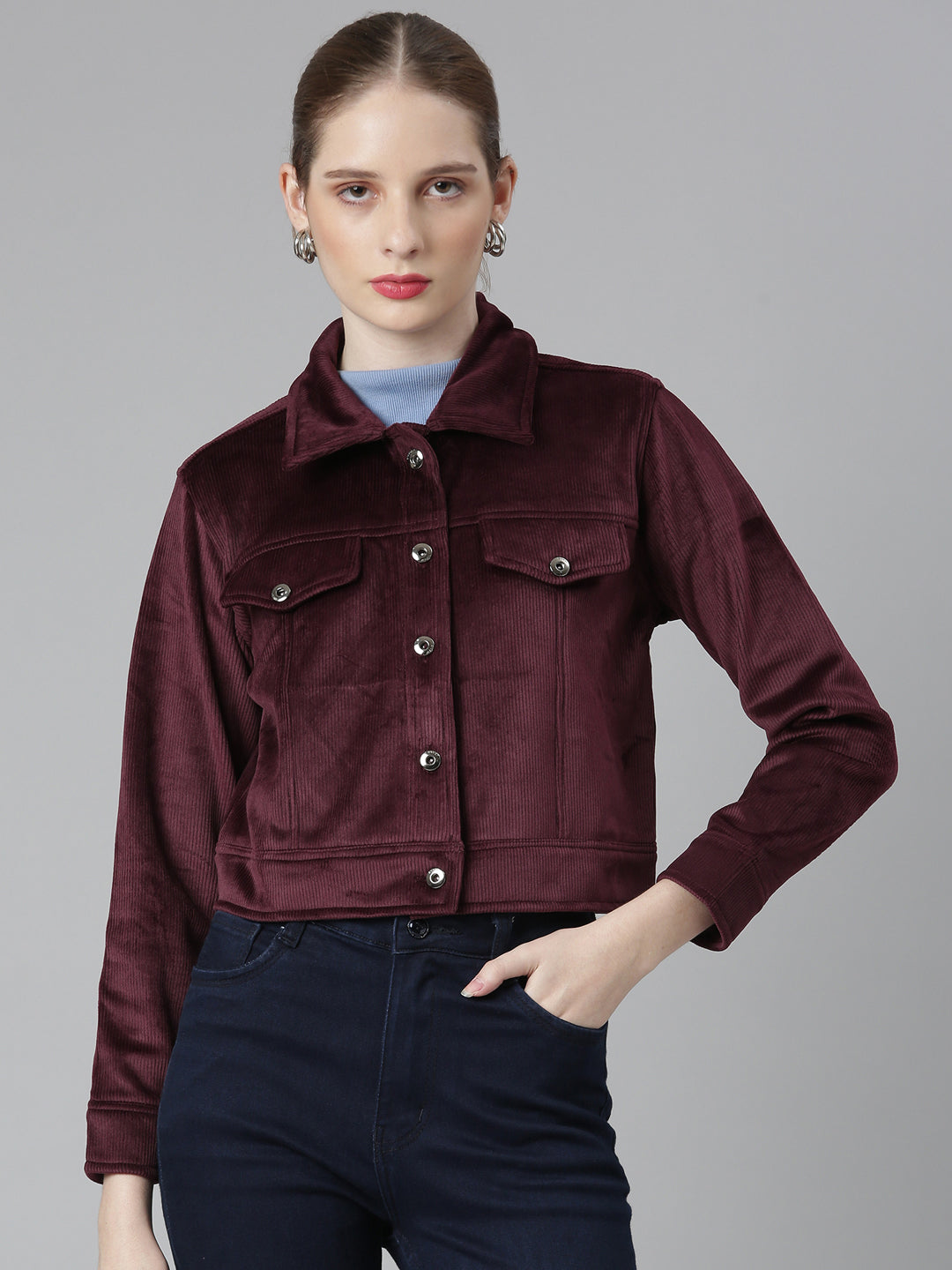Women's Magenta Corduroy Crop Denim Jacket