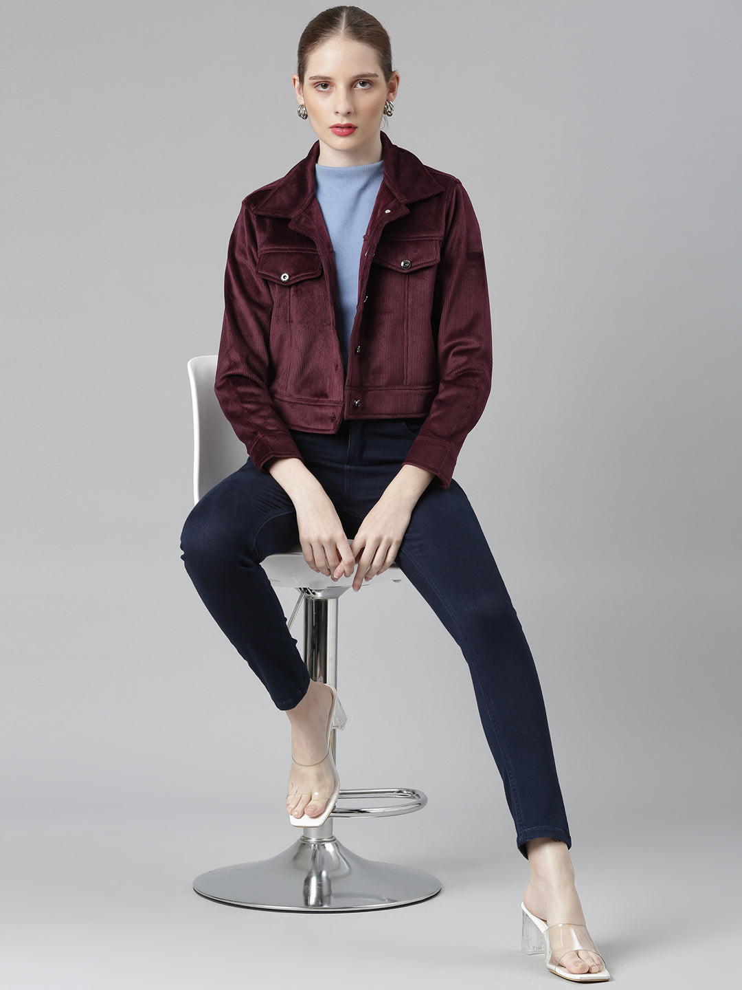 Women's Magenta Corduroy Crop Denim Jacket