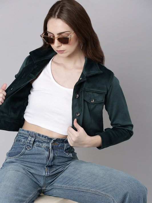 Women's Teal Corduroy Crop Tailored Jacket