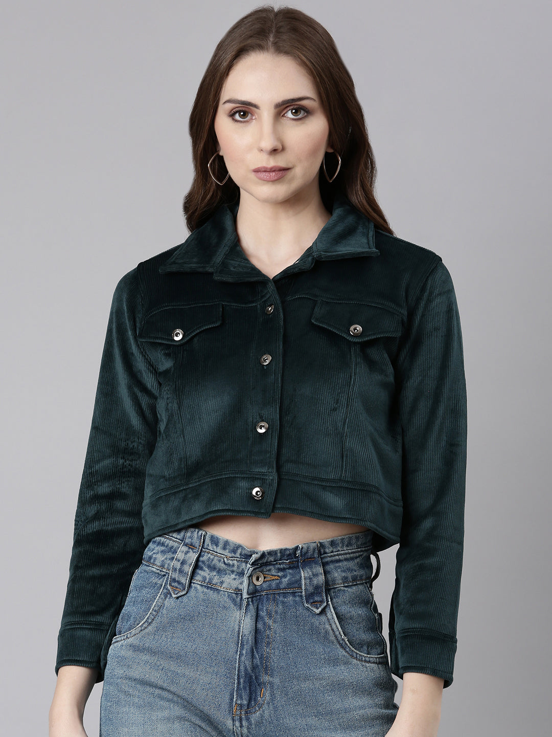 Women's Teal Corduroy Crop Tailored Jacket