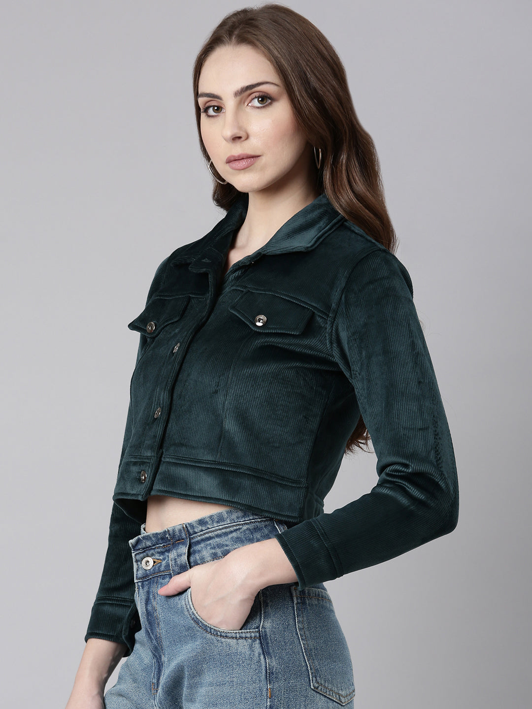 Women's Teal Corduroy Crop Tailored Jacket