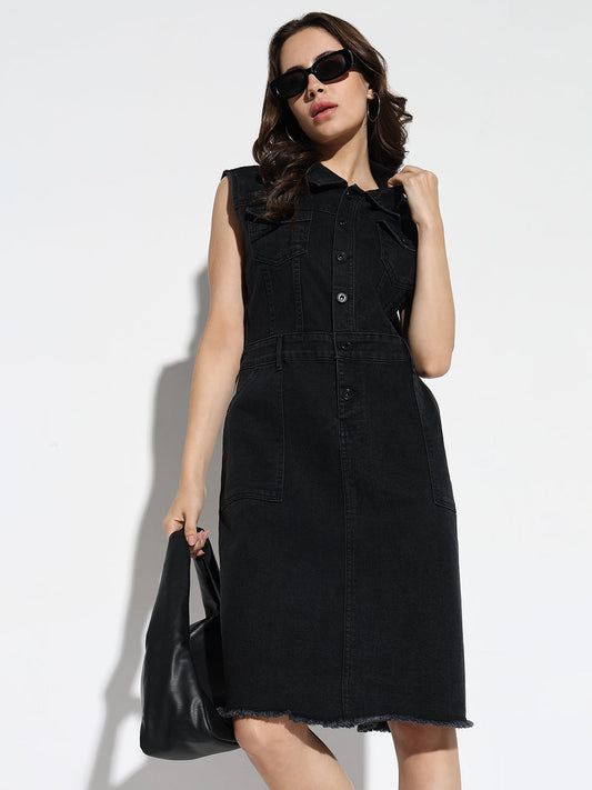 Women's Black Solid Denim A-Line Knee Length Dress