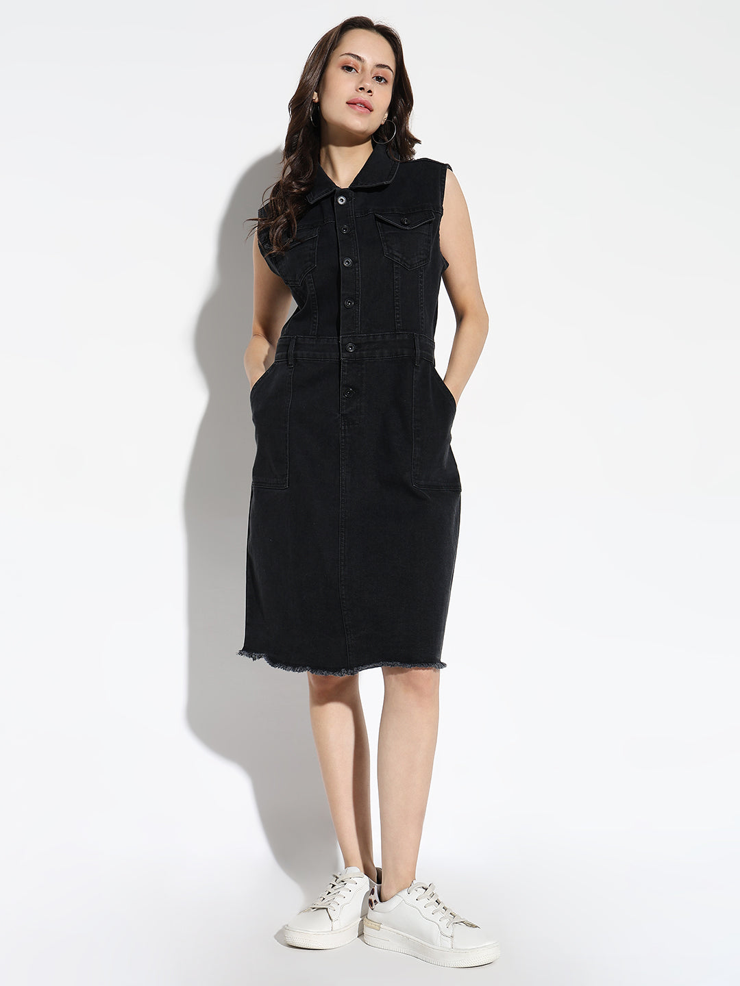 Women's Black Solid Denim A-Line Knee Length Dress