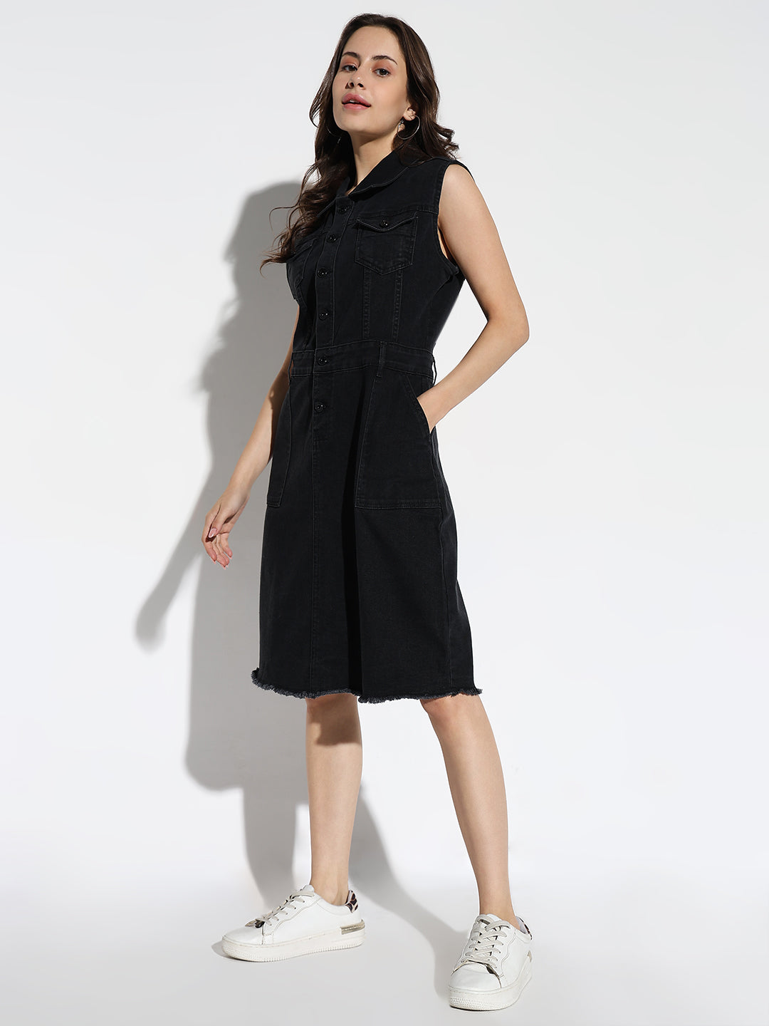 Women's Black Solid Denim A-Line Knee Length Dress