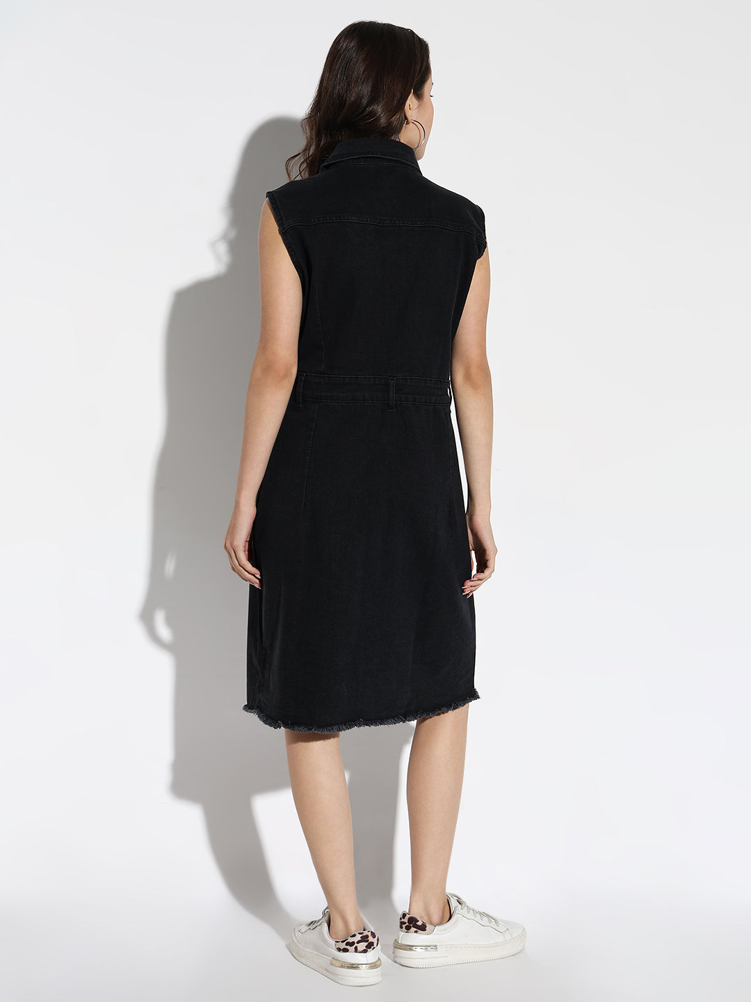 Women's Black Solid Denim A-Line Knee Length Dress